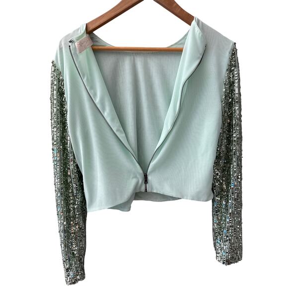 ALICE + OLIVIA Delaina Long Sleeve Sea Green Sequin Crop Top Size Large - Picture 7 of 10
